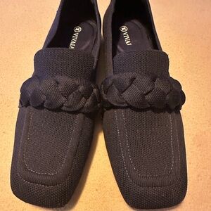 Elegant Navy Blue Flats with Braided Detail and Square Toe by Vivaia